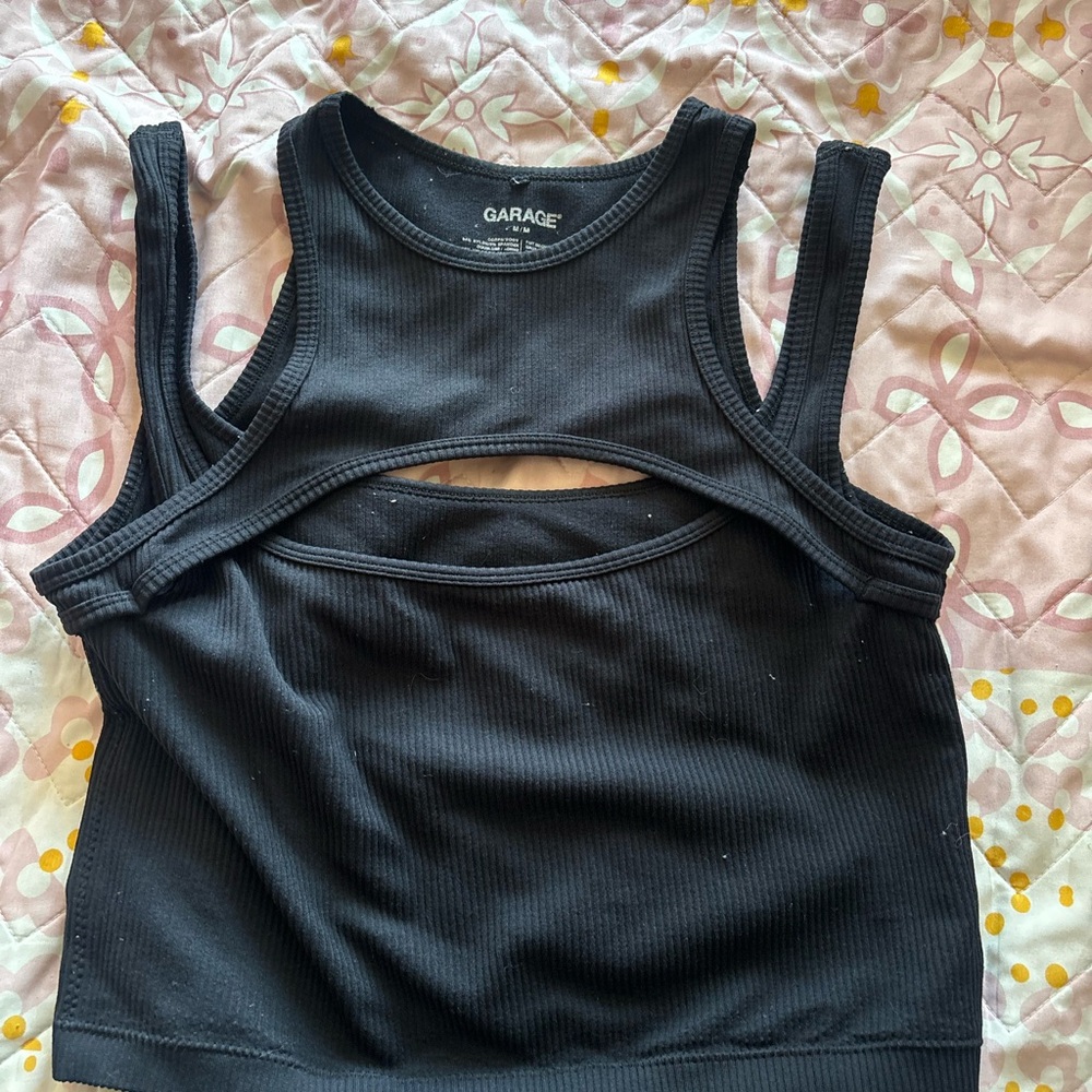 Garage Black Ribbed Cutout Crop Top